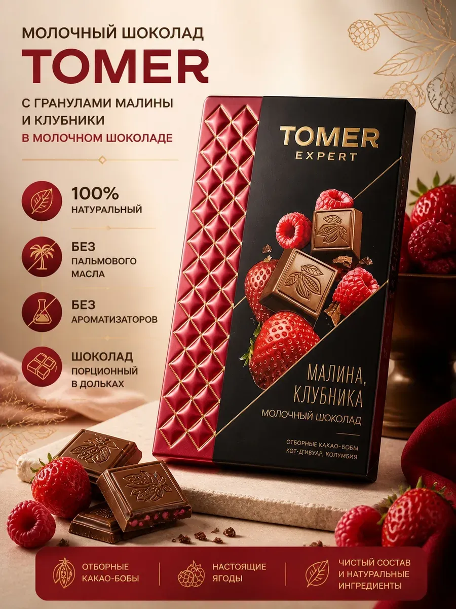 Молочный шоколад "Томер" «МАЛИНА, КЛУБНИКА», 90г (МЕТАЛЛ)