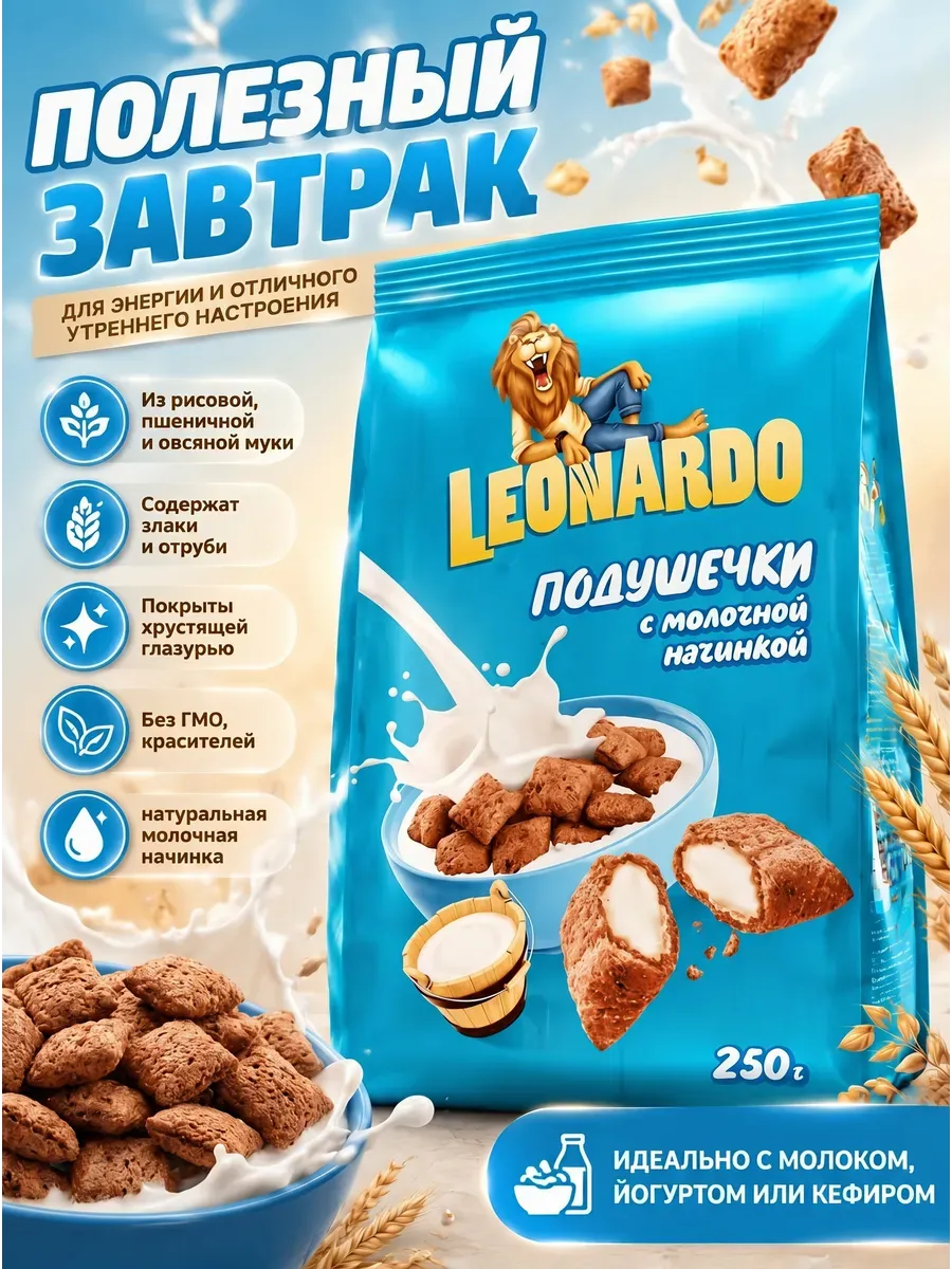 Готовый завтрак «Подушечки с молочной начинкой»,«Leonardo»,250 г