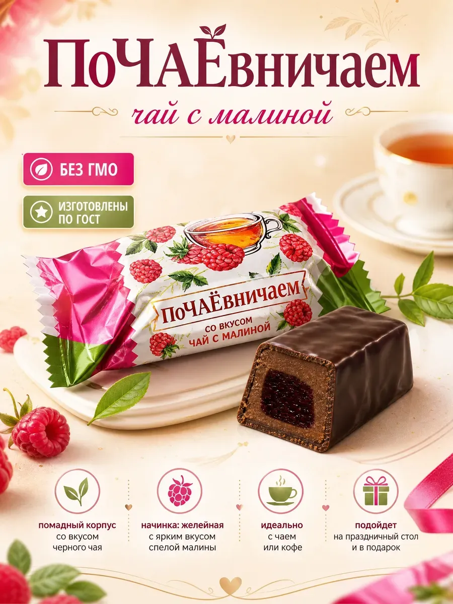 Конфеты "Почаевничаем" со вкусом черный чай с малиной