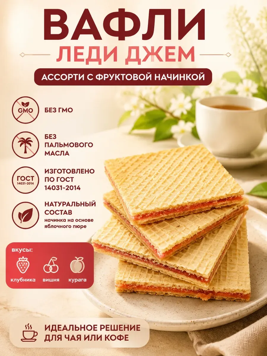 Вафли "Леди джем" с фруктовой начинкой со вкусом вишни