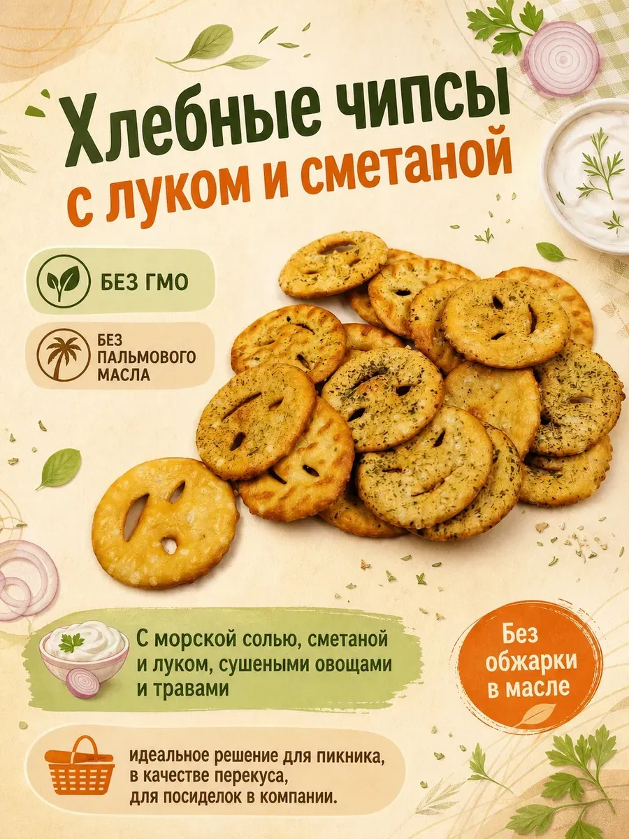 Хлебные чипсы с луком и сметаной Хеллоины "Bitcom", 150гр