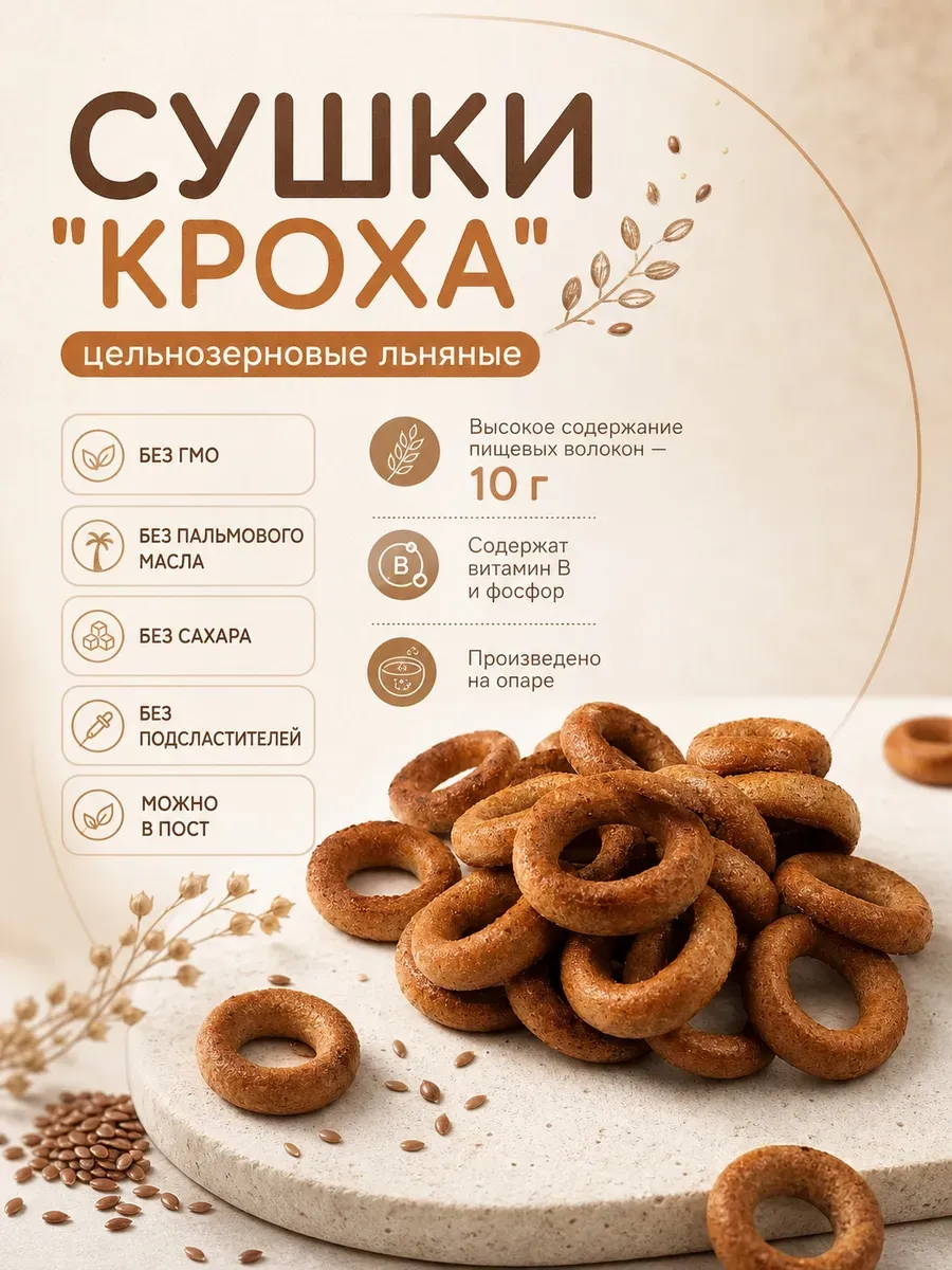 Сушки "КРОХА" цельнозерновые льняные, 200гр